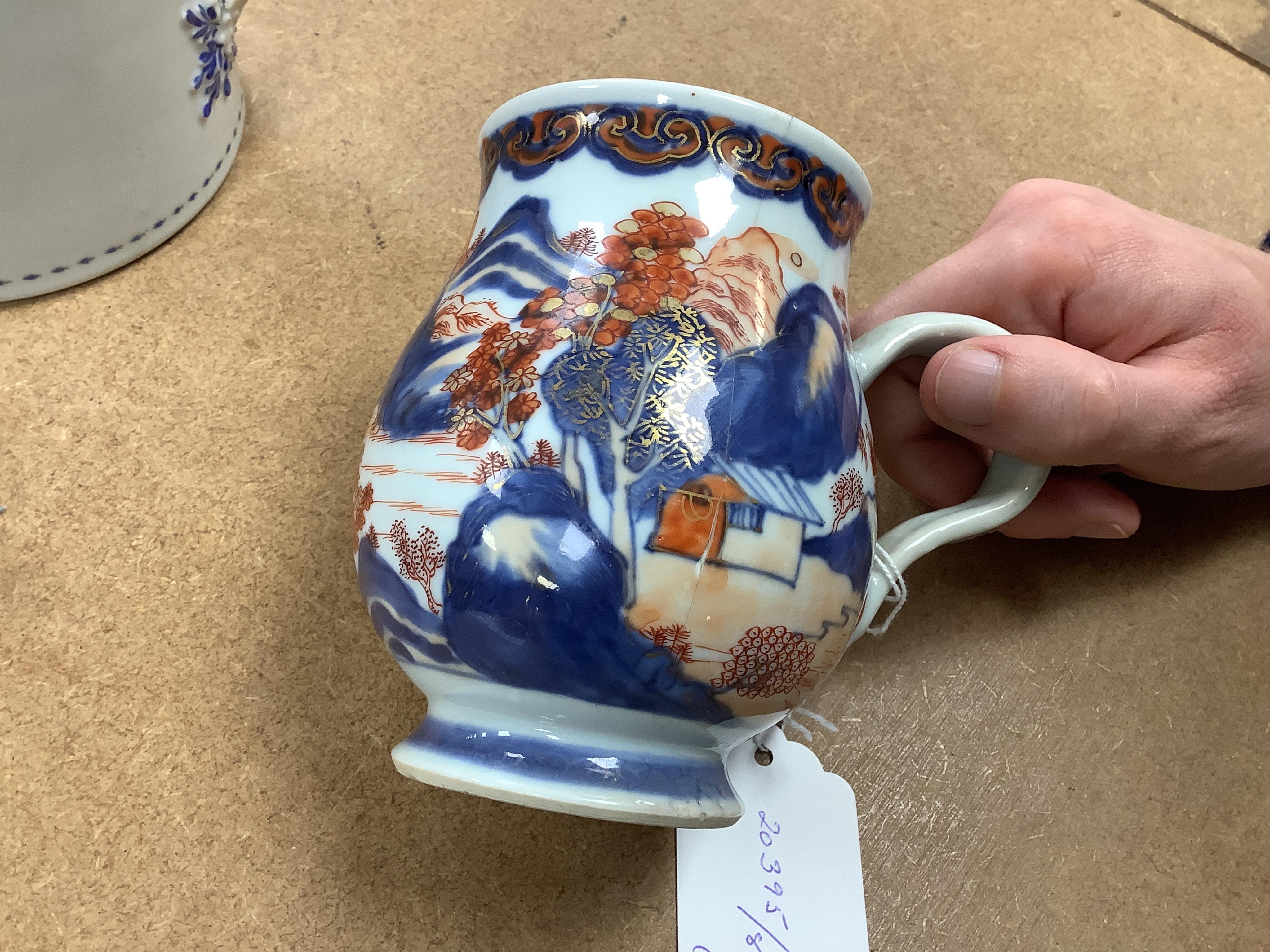 Four 18th century Export and later Chinese mugs to include a blue and white example, (a.f), largest 15cm high